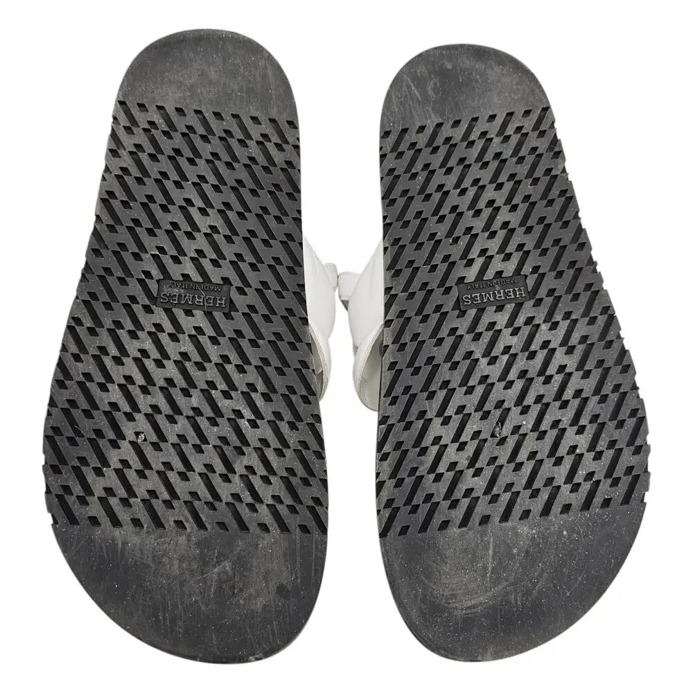 Hermes Extra Sandal Flat Slide Double Strap Black White Leather Size 38 US 8